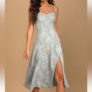 “Loviest Looks Dusty Blue Floral Jacquard Tie Strap midi dress”